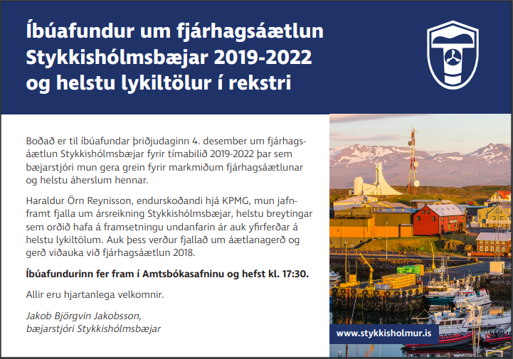 Íbúafundur um fjárhagsáætlun Stykkishólmsbæjar 2019-2022 og helstu lykiltölur í rekstri.